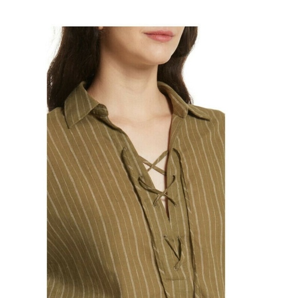Free People | Boardwalk Lace Popover Linen Top Womens M Green Long Sleeves - Picture 4 of 11
